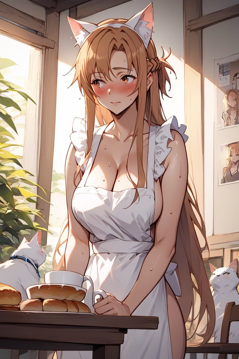 Table Filled With A Coffe Mug And A Bread, White Apron, Yuuki Asuna Sword Art OnlineAI黃片