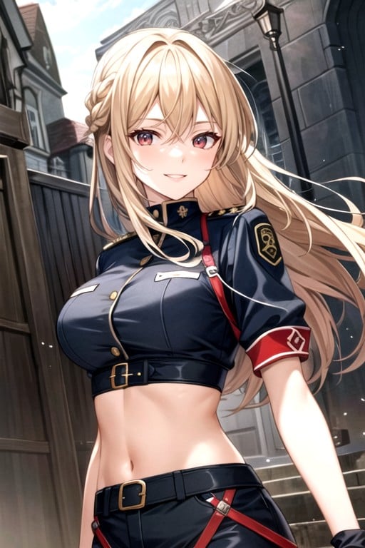 Grinning, Bem Vestida Com Uniforme Militar E Prestando Continência, Military Hentai AI Porn