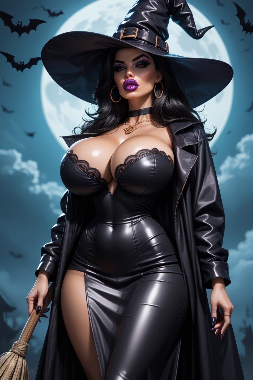 Bimbo, Halloween Witch Flying On A Broom Wearing A Black Flowing Coat And Witch Hat, Culo GrandePorno AI