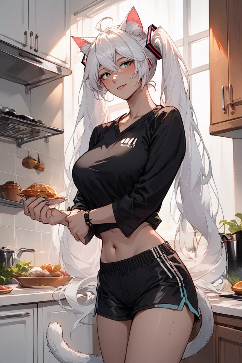 In The Kitchen, Black Sports Top, Cat TailAI黃漫