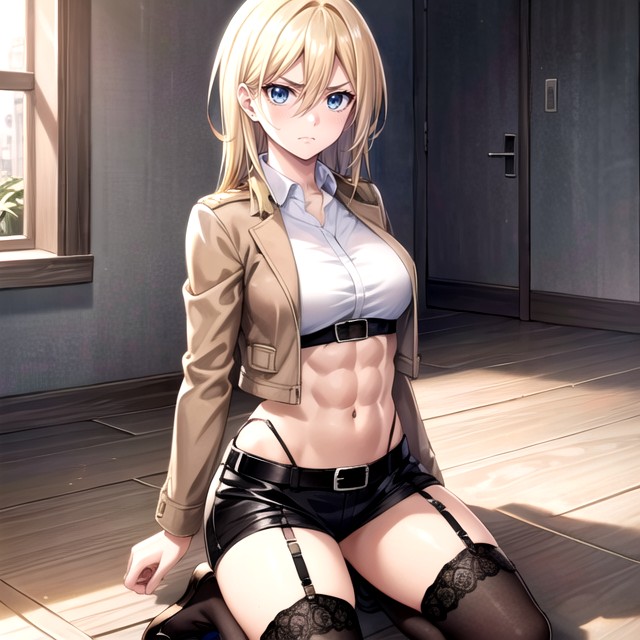 Kneeling, Garter Belt, Abdominal Muscles AI Porn