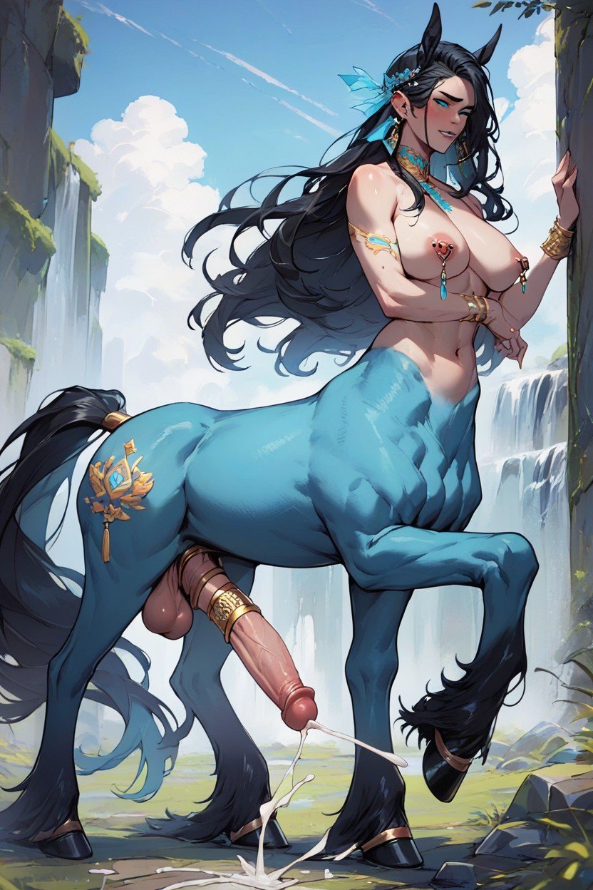 Long Hair, Cyan Blue Eyes, Right Nipple PiercingPorno AI