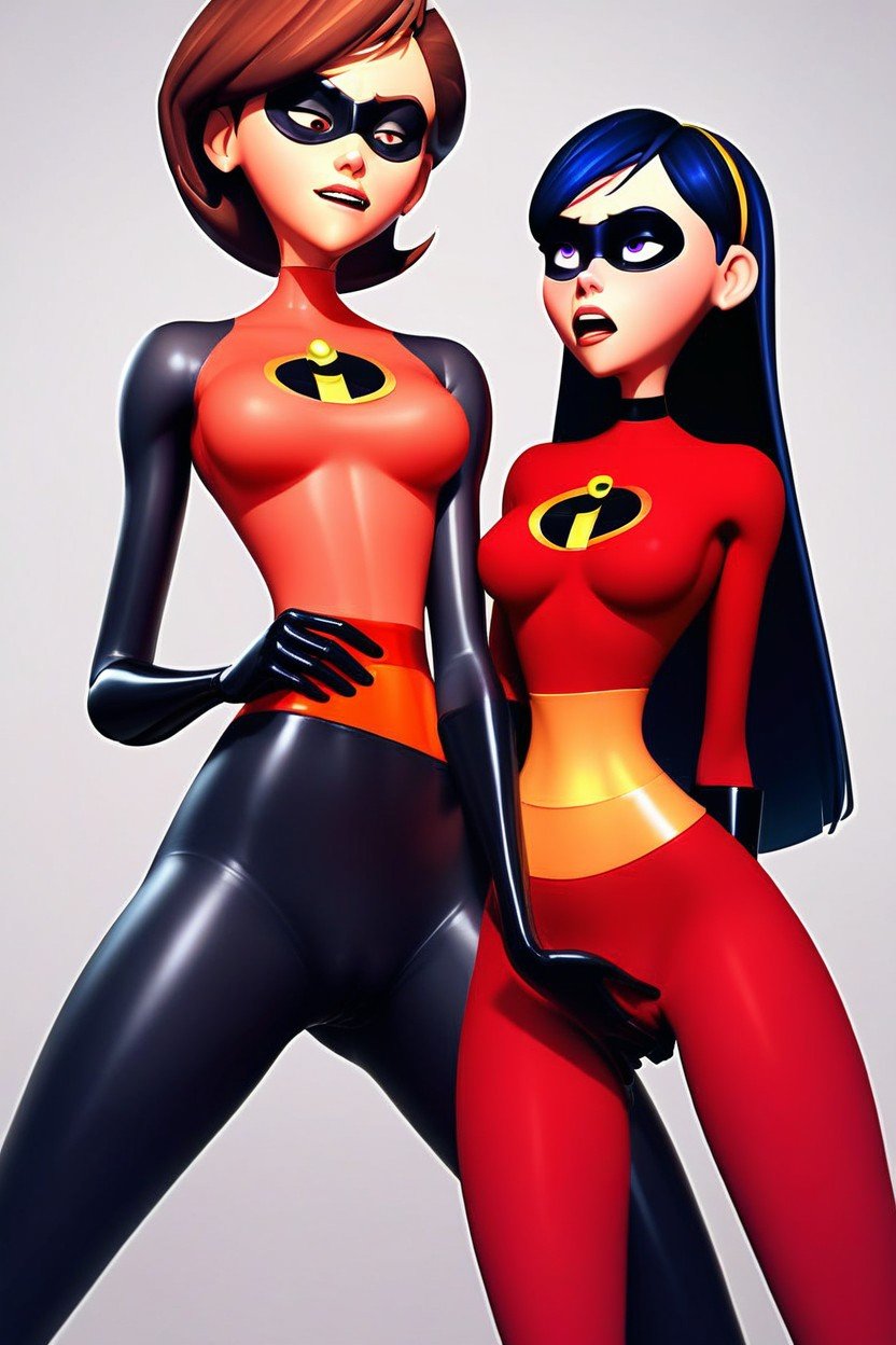 Two Girls Violet Parr And Helen Parr, Are Both Wearing Incredibles Costumes No Pants Female MasturbationAIポルノ