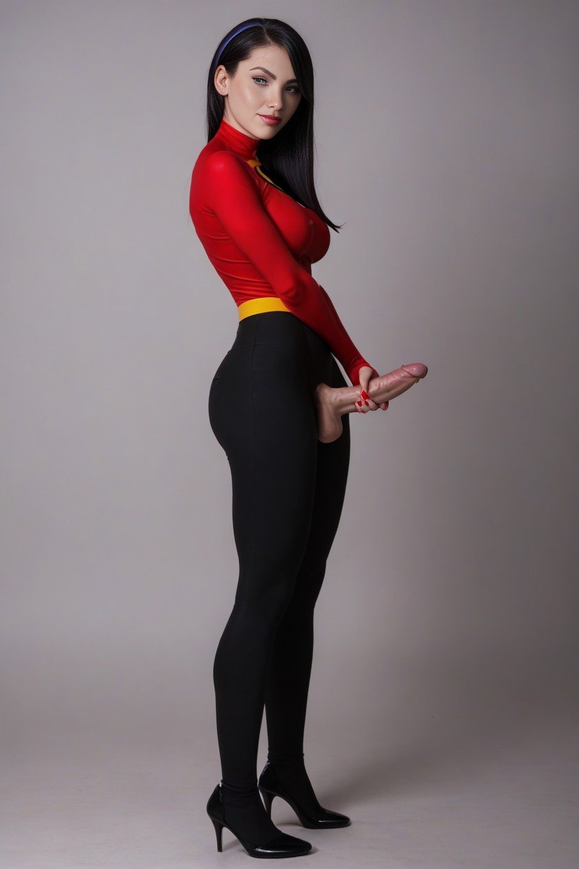 Vista Lateral, Cuerpo Completo, Violet Parr Wearing Incredibles Costume Holding Her PenisPorno AI