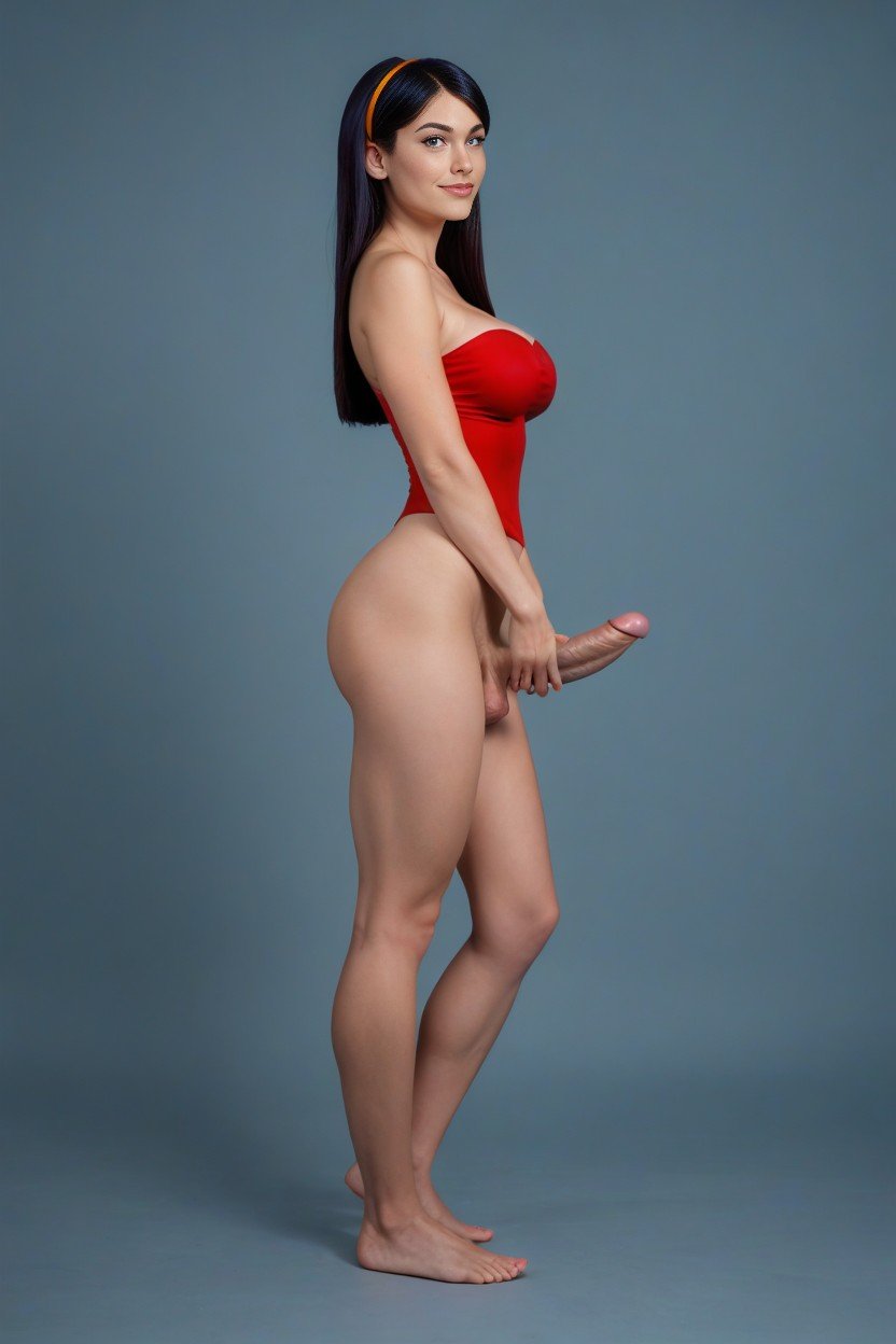 Violet Parr Wearing Incredibles Costume Holding Her Penis, Side View, Standing AI Porn