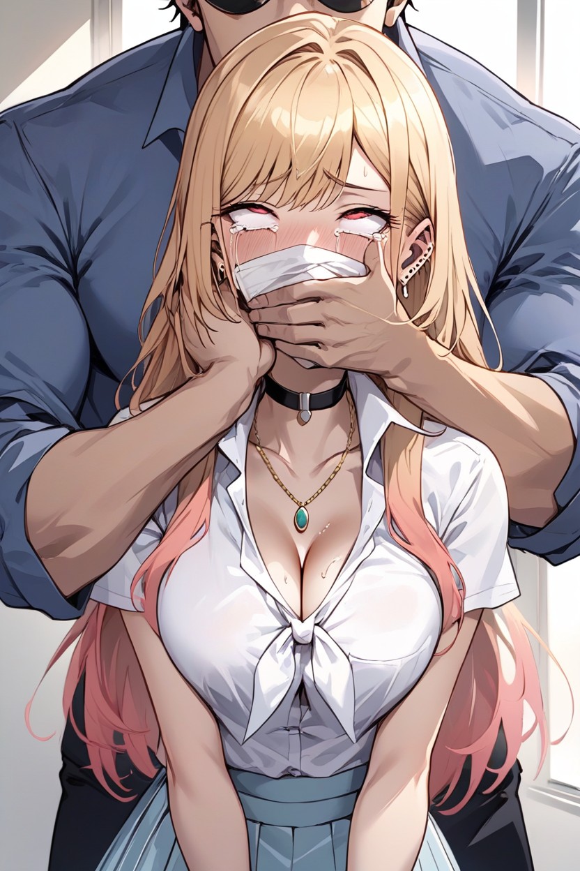 Stranger's Hand Covers Mouth With A White Handkerchief, Tears, Heavy Eyelids Hentai AI Porn