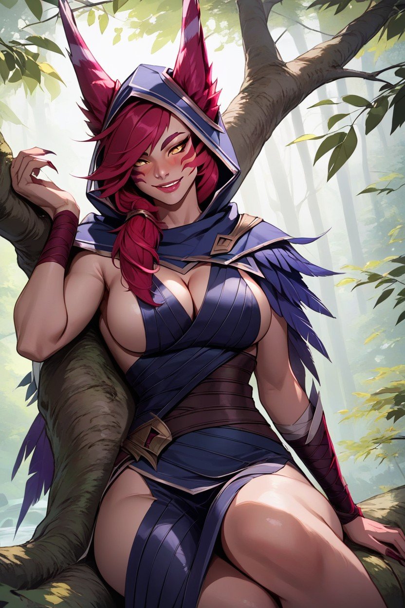 Xayah League Of Legends, Waist Shot, Forest Hentai AI Porn