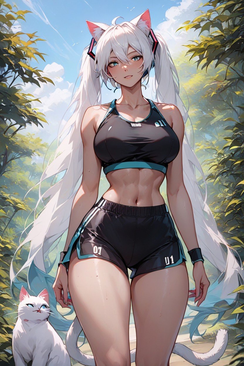 White Hair, Black Top, White Cat Ears Hentai IA pornografia