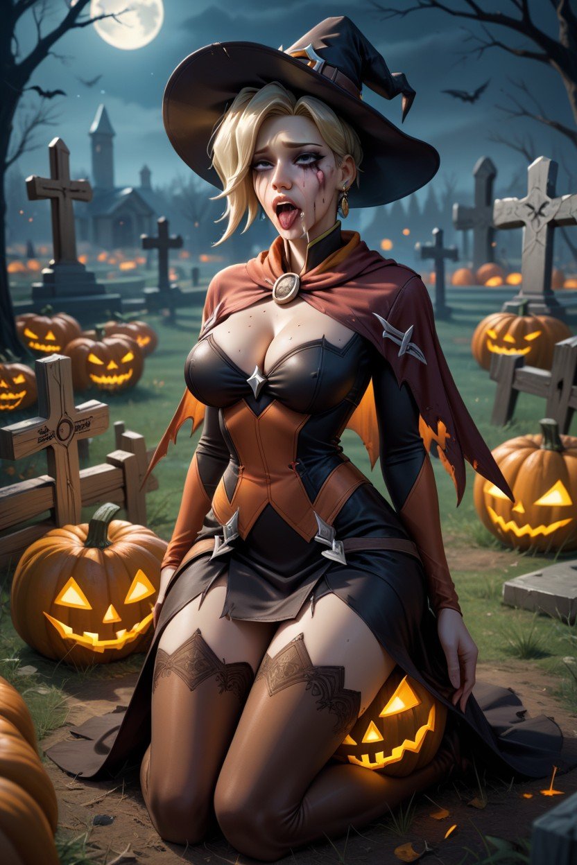 Pumpkins, Cemetery, Witch Mercy AI Porn