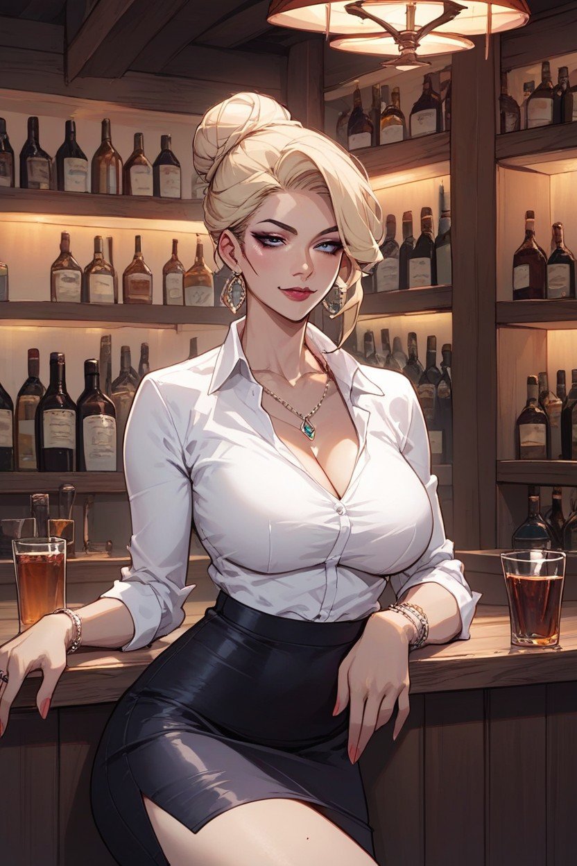 Pencil Skirt And Low V Neck Shirt, Simple Perfect Makeup, Late Night At A BarKI Porno