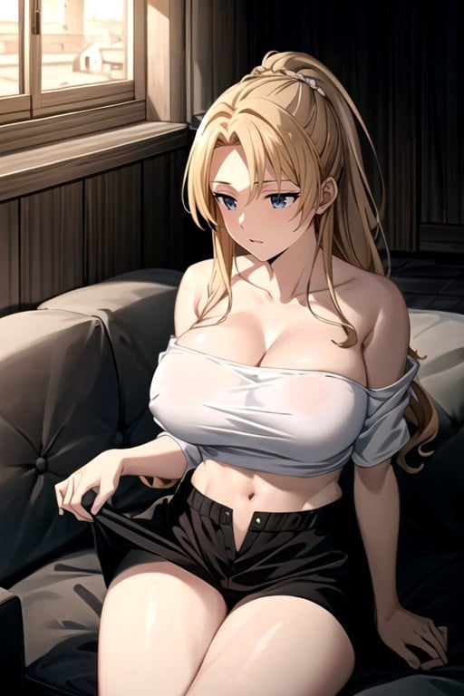 Culo Pequeño, Long Blonde Braided Hairmassive Huge Giant Oversized Tits Under Her Black Strapless Off Shoulder Tank Topcotton Booty Shortsextremely Waistsitting On Couch, SfwPorno AI Hentai