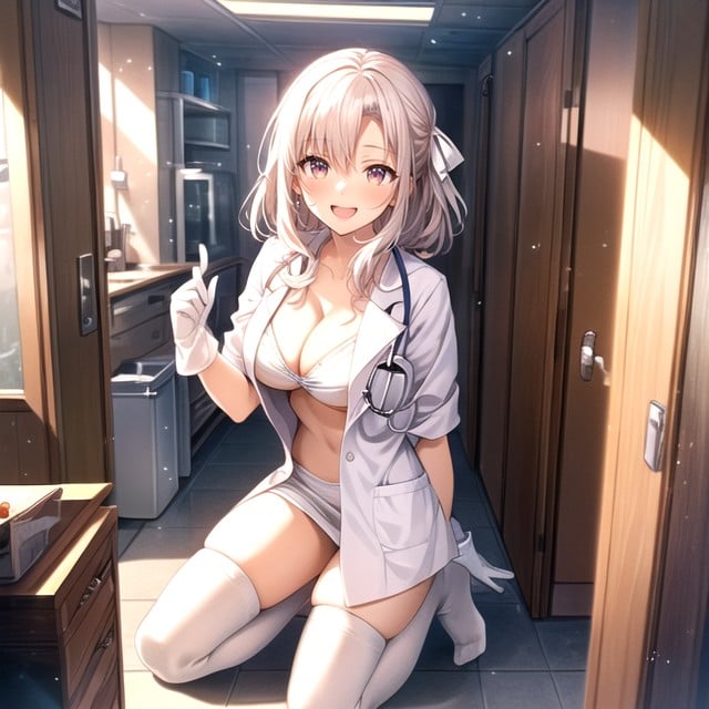 White And Pink Hair Ribbon, Hospital, BoobsPorno AI