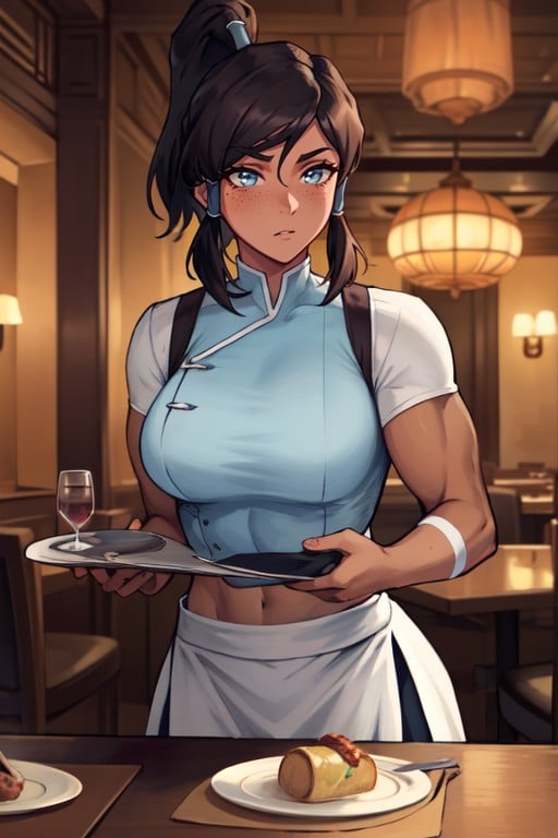 Posing As A Waiter At A Fancy Restaurant, Korra From The Legend Of Korra As An Undercover Agent, Taches De RousseurPorno IA