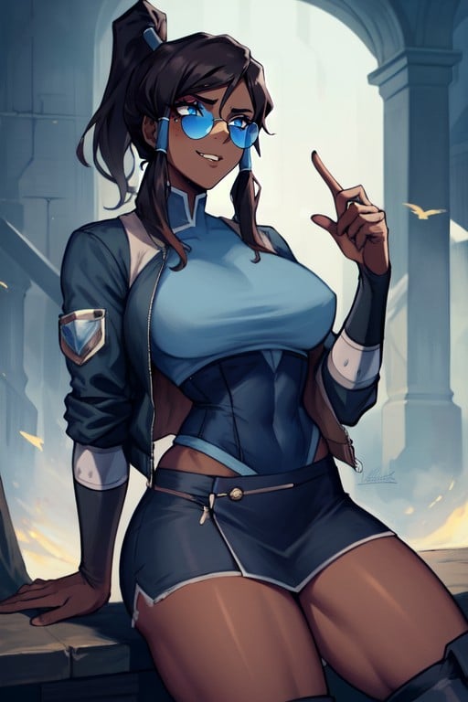 Korra From The Legend Of Korra Leaning Against Her Scarlet Motorcycle, Cheeky Expression, Lip PiercingPorno AI