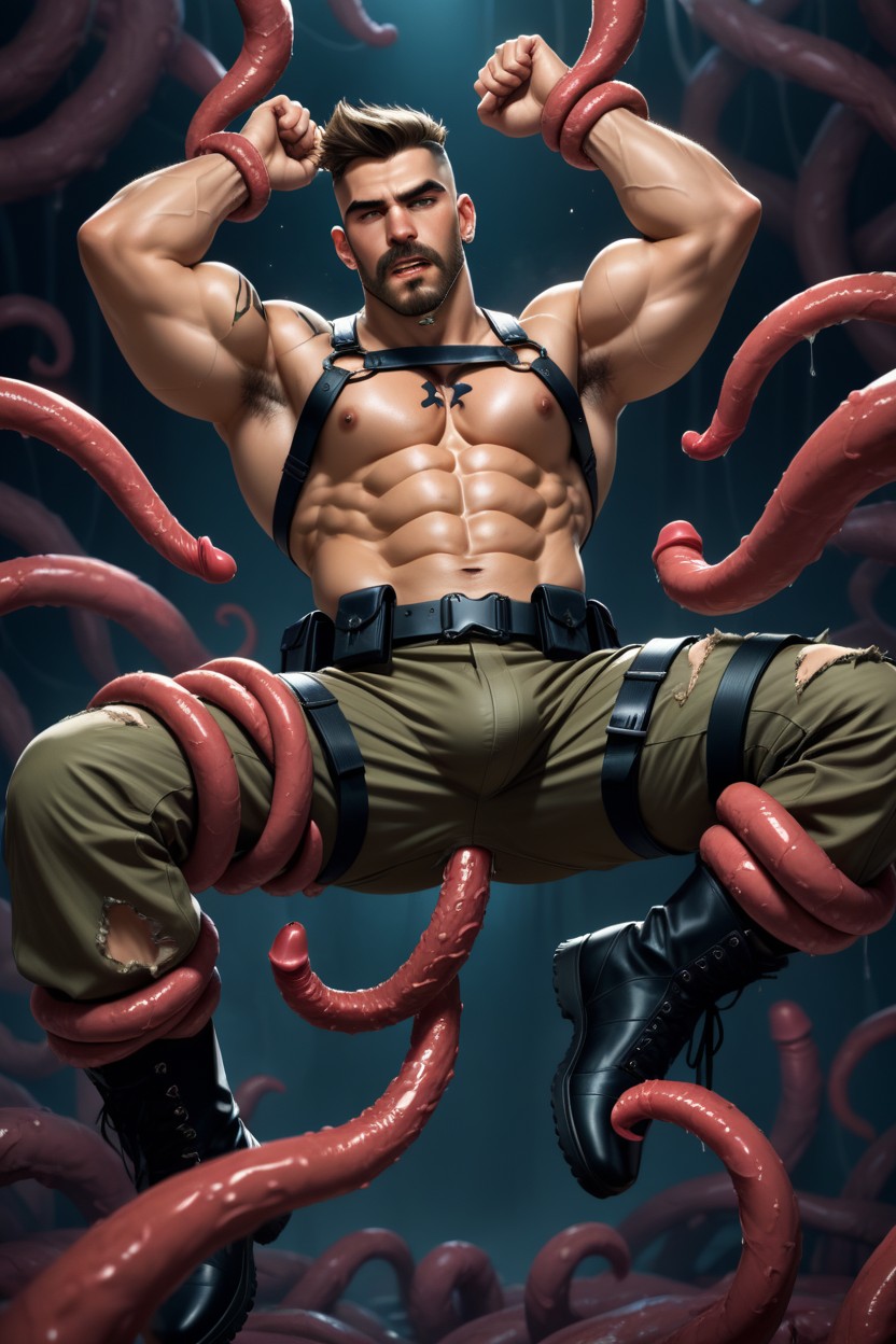Tentacle Blowjob, Tentacles Wrapped Around His Arms, Spreading His Legs AI Gay Porn