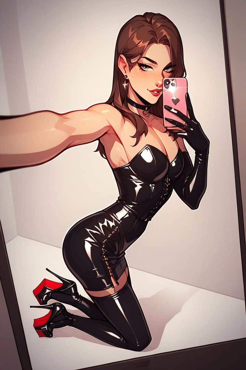 Brunette Crossdresser In Latex Dress, 1 Pessoa, Selfie Pornografia de IA