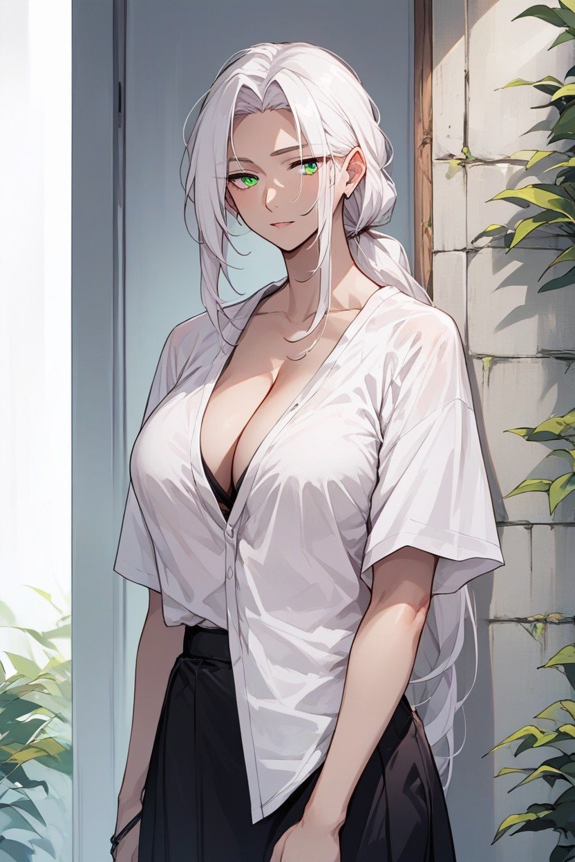 Cleavage, Standing, White Hair Green EyesPorno AI