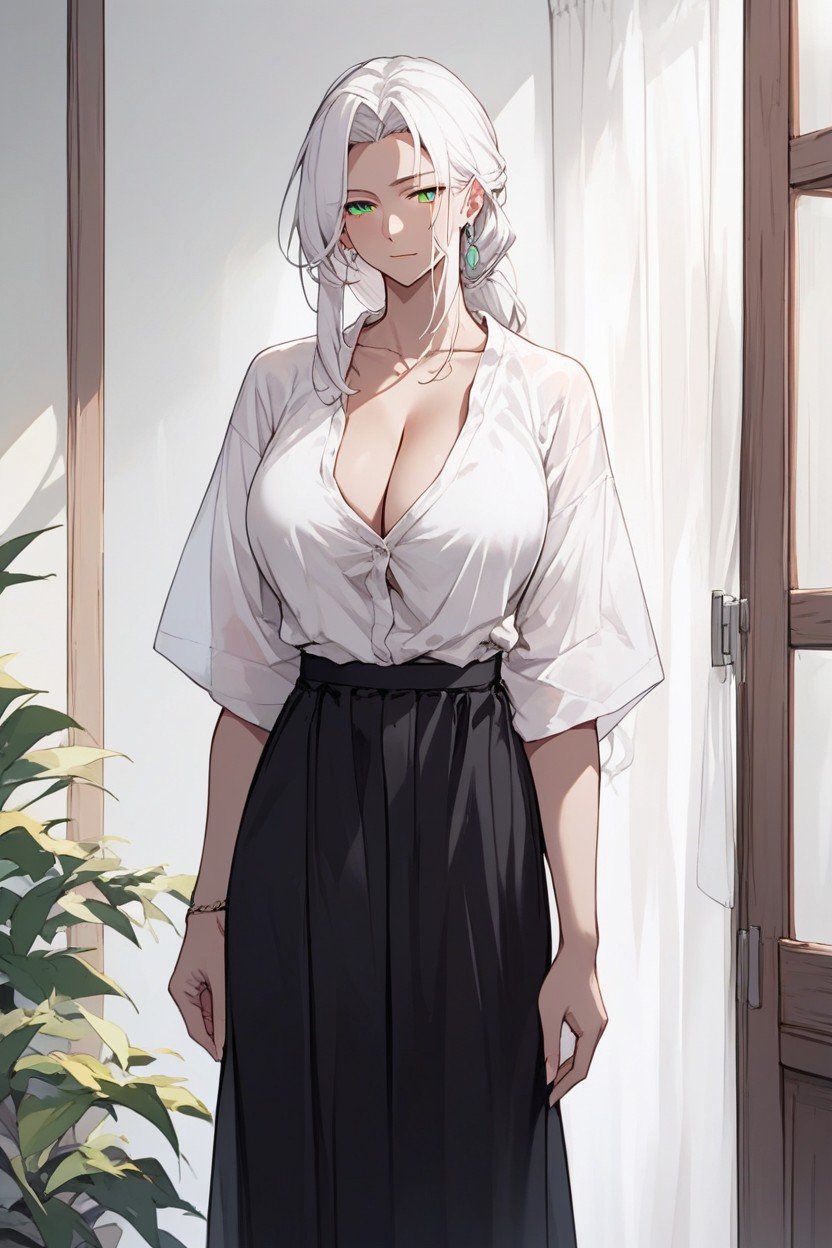 White Hair Green Eyes, Standing, Form Fitting ClothesAI 포르노