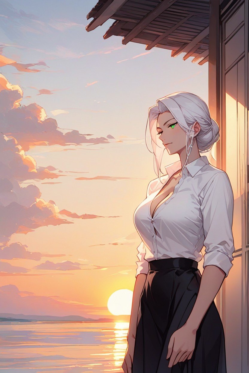 White Shirt And Black Skirt, Form Fitting Clothes, Sunset AI Porn