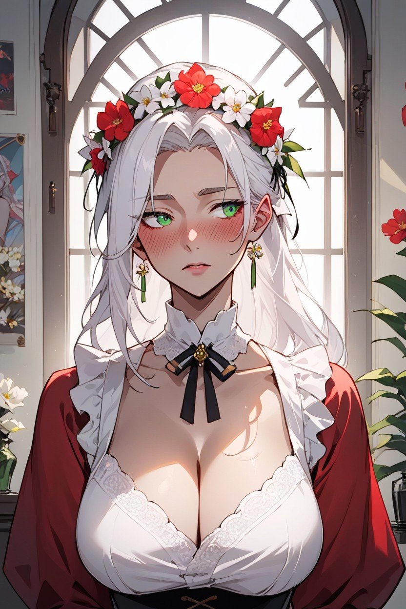 Bust Shot, French Maid, White Hair Green Eyes Hentai AI Porn