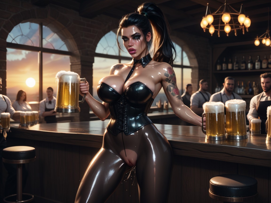 Mascara, Glowing Green Eyes, Holding Pitcher Of Beers AI Porn