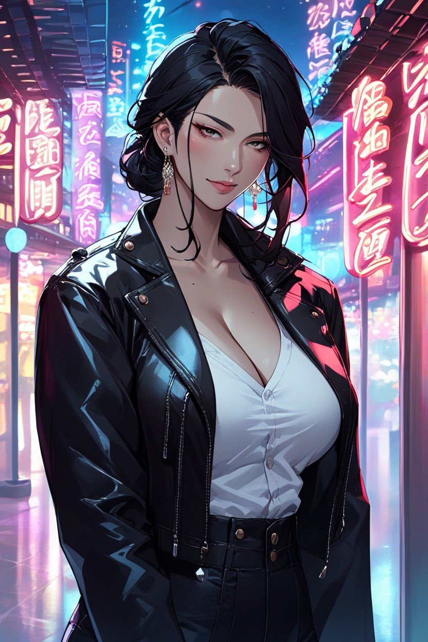 Japanese Long Straight Black Hair Black Leather Jacket Breasts Dark Nightclub Interior Neon Lights, 18, JaponaisPorno IA