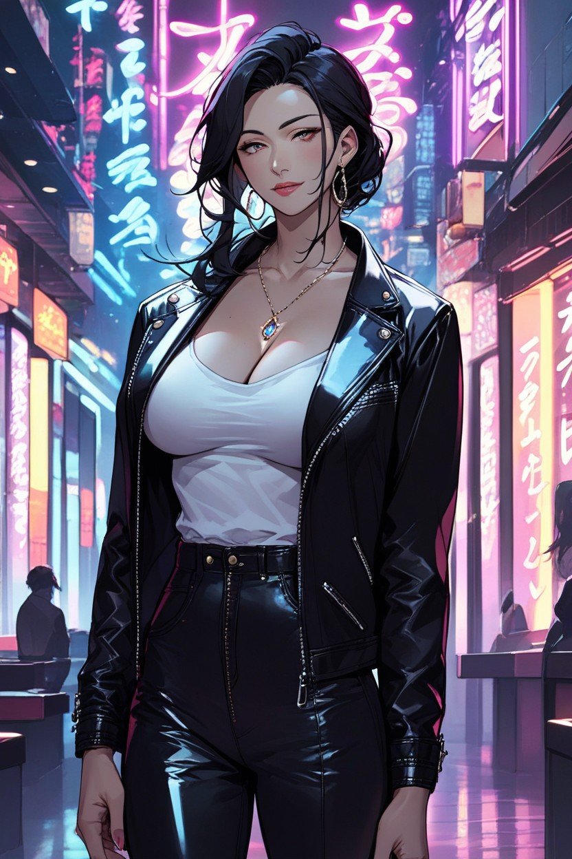 Japanese Long Straight Black Hair Black Leather Jacket Breasts Dark Nightclub Interior Neon Lights, JaponésPorno AI