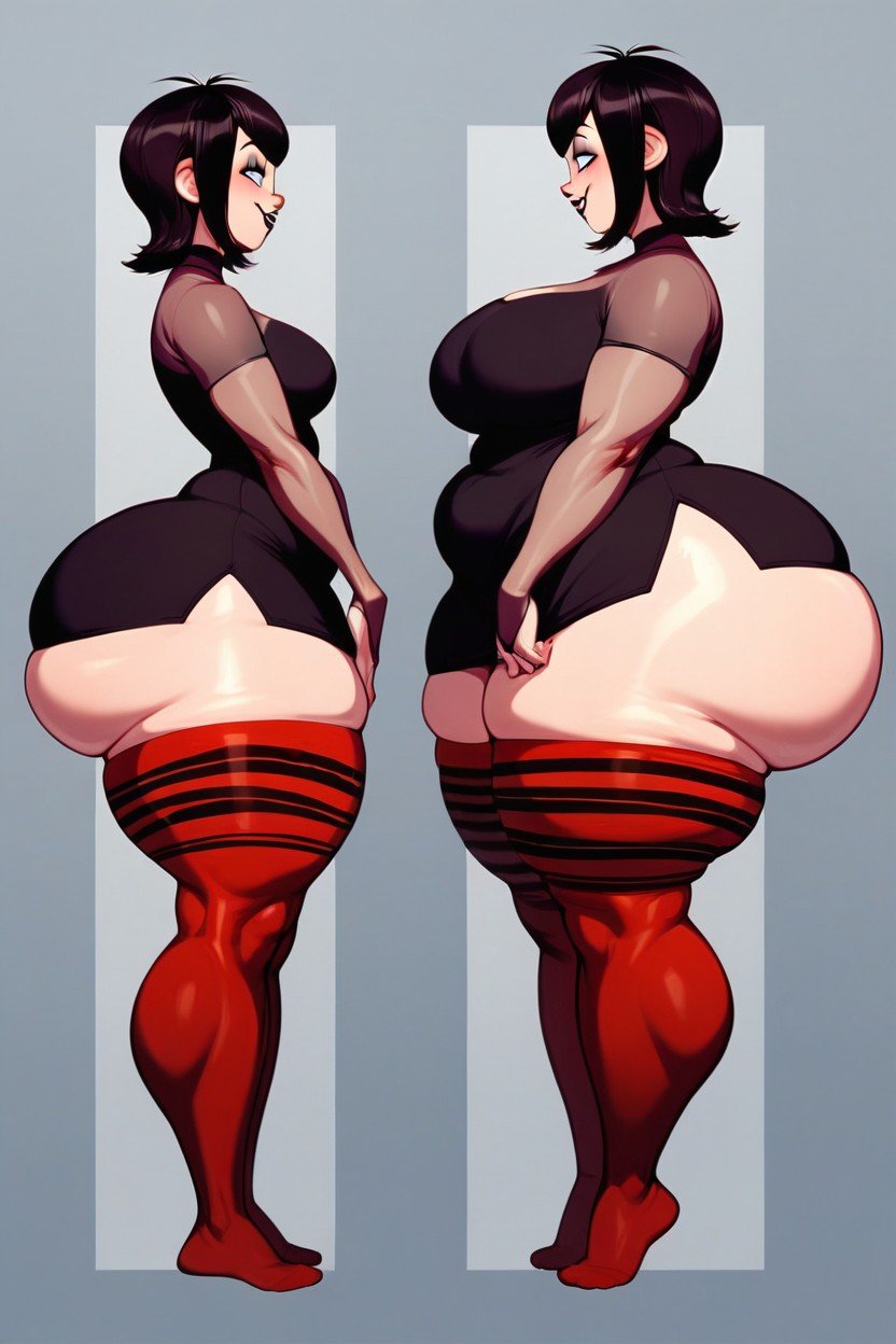 Extra Thick Thighs, Red Stockings With Black Stripes, Vista Lateral Pornografia de IA