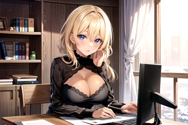 Blonde Hair, Study Room, Rounded Breast Hentai AI Porn