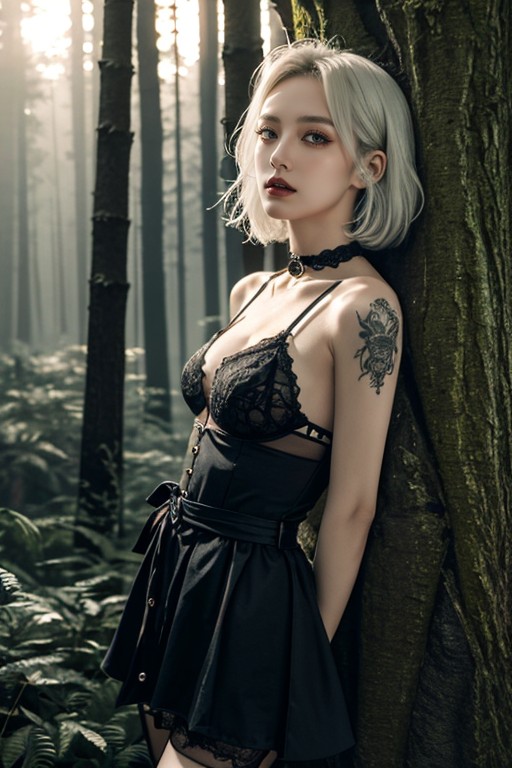 Crepúsculo, Gothic Lace Lingerie, Collar With A Pentacle Pornografia de IA