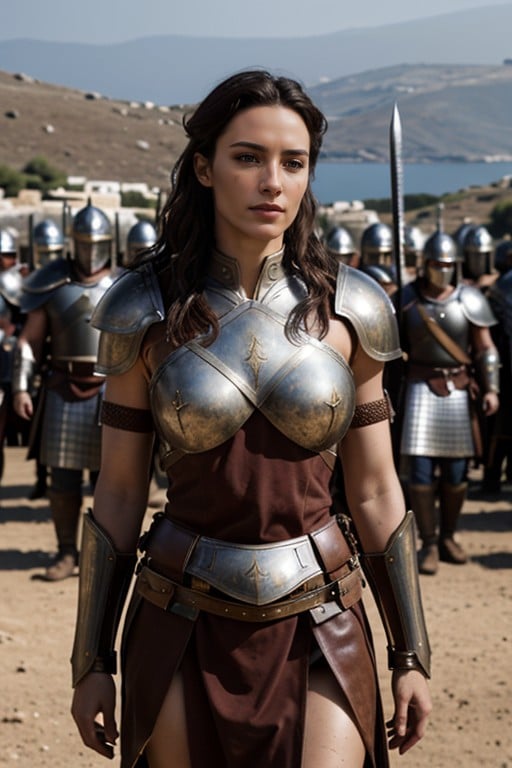 Ancient Female Warrior Leather Armour Sword In Hand Battlefield In The Background, Corps Entier, GrecquePorno IA transsexuelle