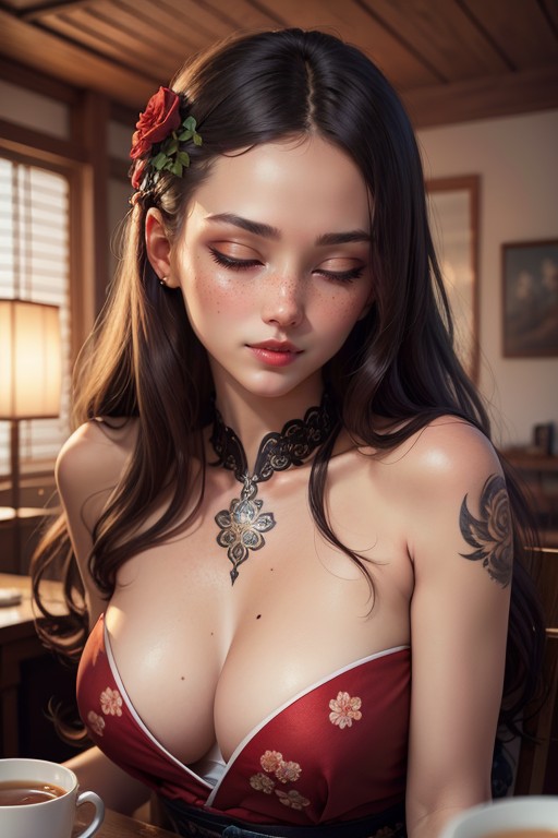 Largo, Floral Black Tattoo On Neck, Waist Long Black Open HairPorno AI Hentai