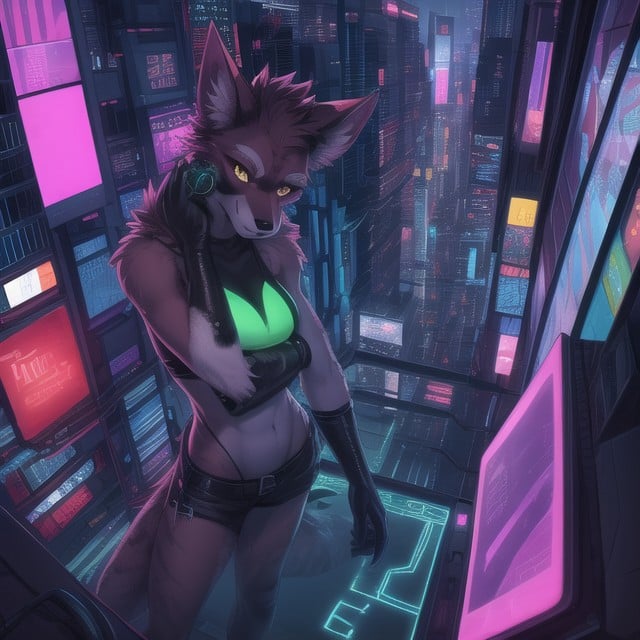 Hacker Cyberpunk, Nuit, Yeux MarronsPorno IA Furry