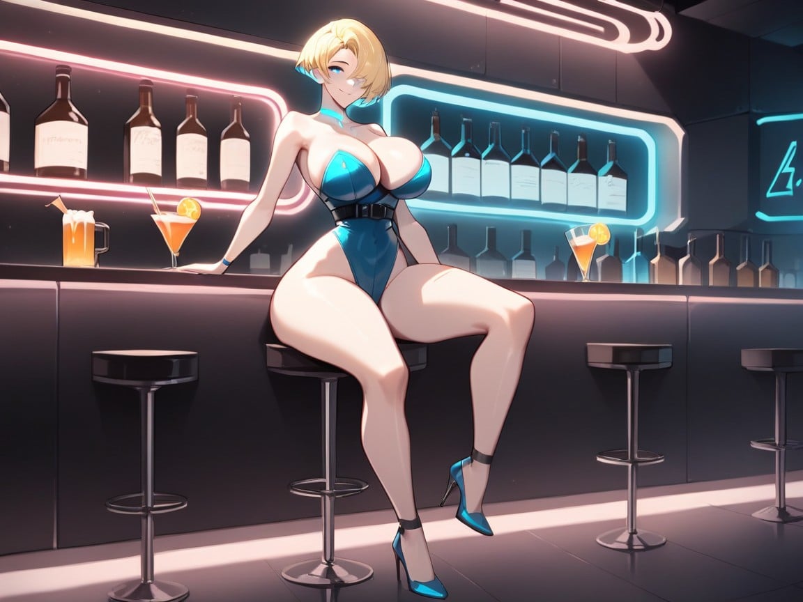 Hair Covering Eye, Serving Futuristic Drinks, Rounded Shoulders AI Porn