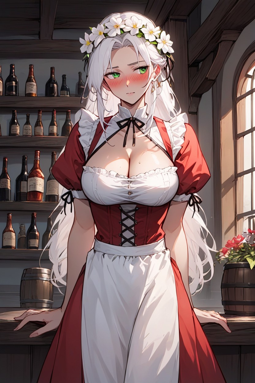 White Hair Green Eyes, Standing, Medieval BarAIポルノ