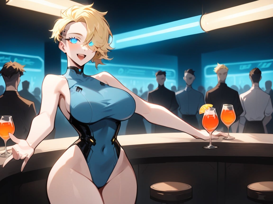 Arms Spread, Serving Futuristic Drinks, Skinny AI Porn