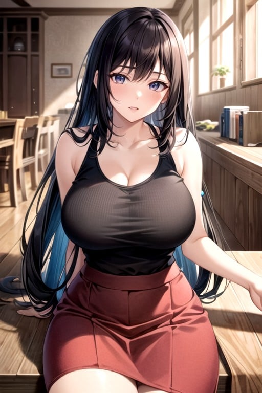 Hourglass Figure Round Boobs Brunette Sexy Long Hair Black Tank Top Pink Skirt Black SnickersPorno AI Hentai