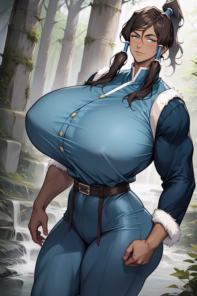 Vue De Face, En Forme, Default Costume Tight At Boobs And Assa Sleeveless Blue Tunic With A High Collar And White Trim Her Dark Blue Pants Are LoosePorno IA Hentai