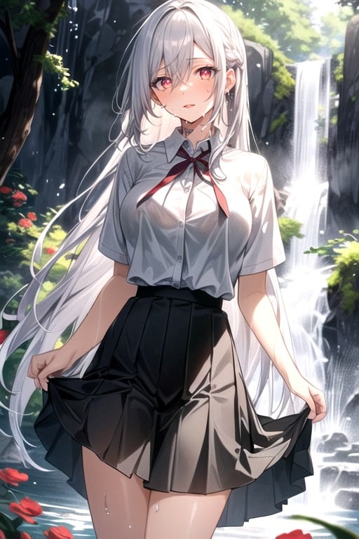 Soaking Wet Pussy, White Hair, Warm Anime AI Porn