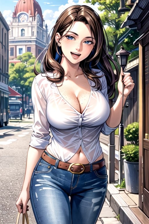 Low-rise Jeans With Belt, Navel Exposed, 大街AI黃片