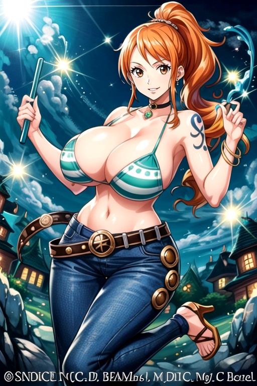 Vibrant Colors, Gorgeous Bikini, Thigh High Fishnet Stockings Hentai AI Porn