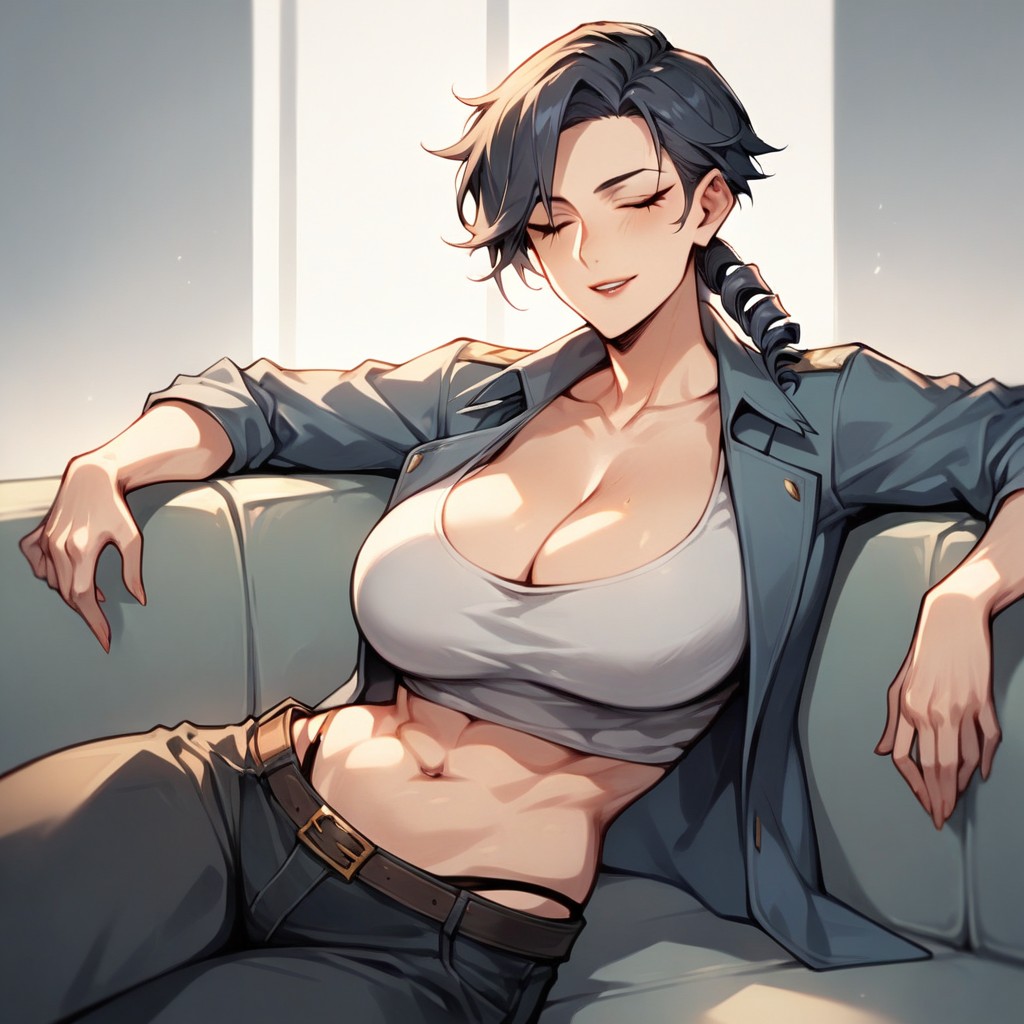 A Tough Looking Tomboy Drill Sergeant Woman Tearfully Snuggling Her Faceless Boyfriend On The Couch, Navel Exposed, CleavageAIポルノ