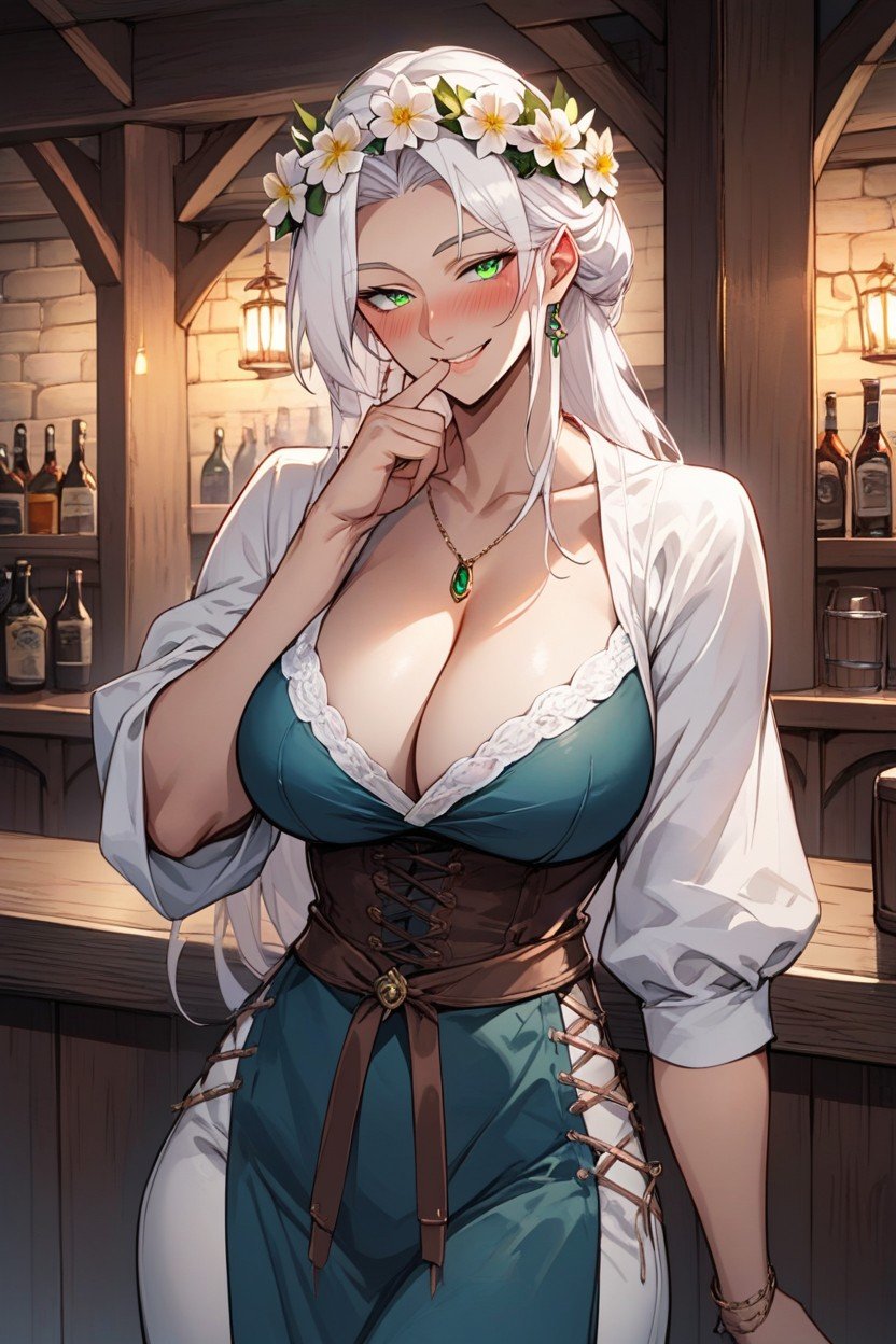 Mischievous (smiling While Blushing), One Hand On Mouth Doing A Silence Hand Sign, Background Of Bar Counter AI Porn