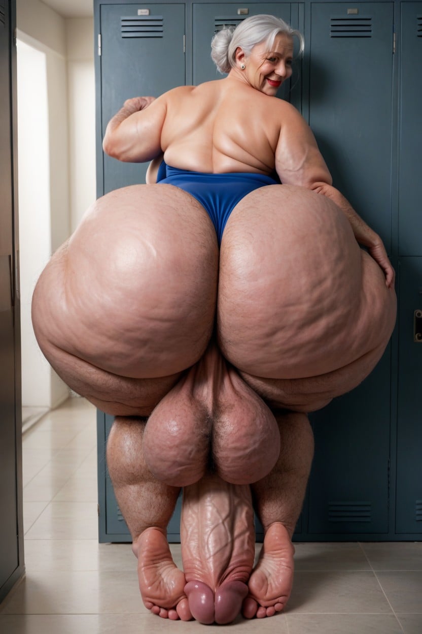 Extremely Large Ass, One Piece Swimsuit, Massive Cock Bulge Shemale AI Porn