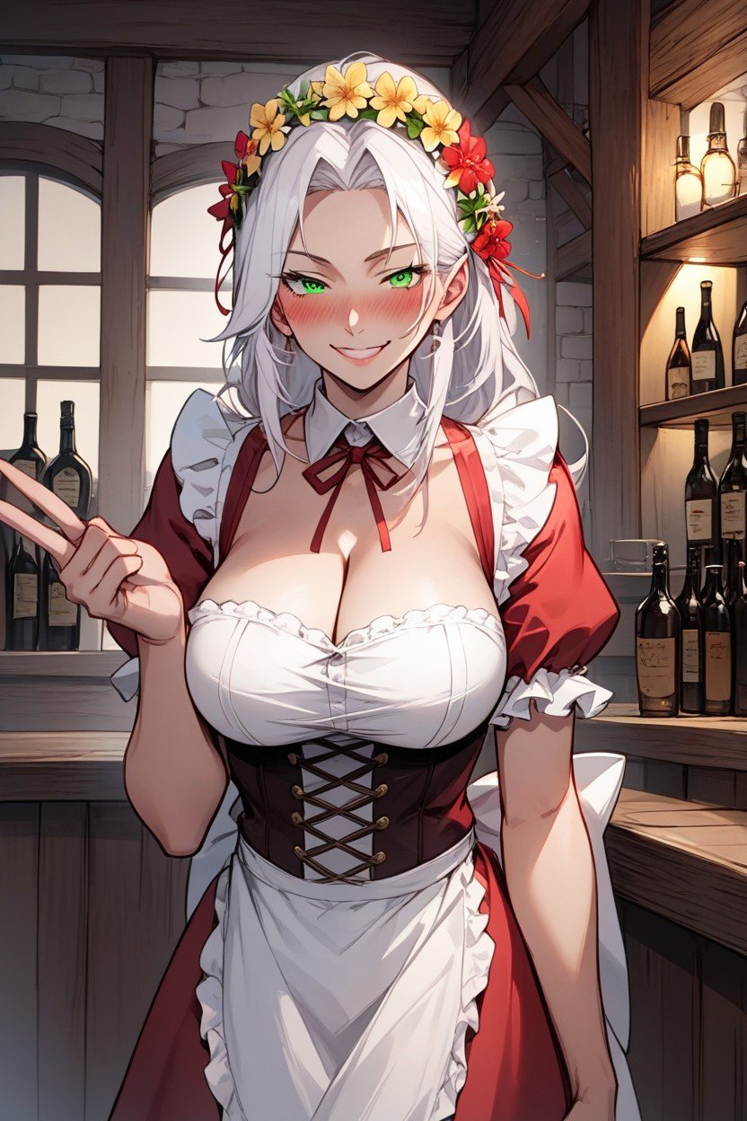 White Hair Green Eyes, Medieval Bar, Blushing AI Porn