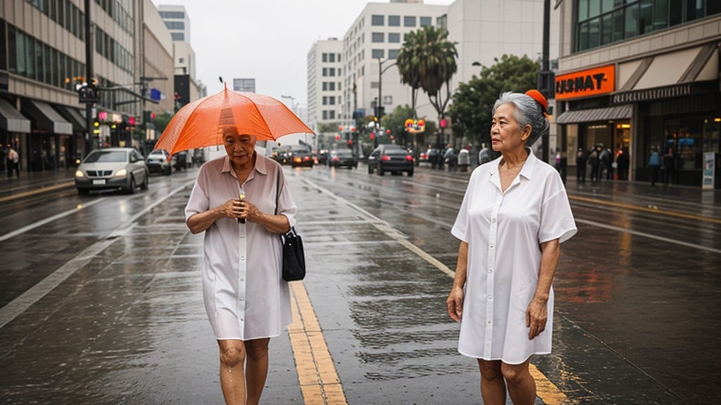 Hair Bun, Rainy City Street, Los Angeles AI Porn