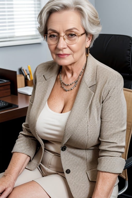 Big Round Business Glasses, Wearing Nothing But A Sleeveless Blazer Unbuttoned, Businesswoman Pornografia de IA