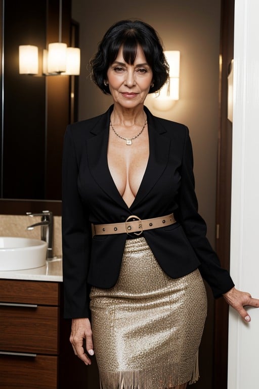 Franja, Plain Black Pencil Skirt With Large Buttons, Mature Travesti IA Pornô