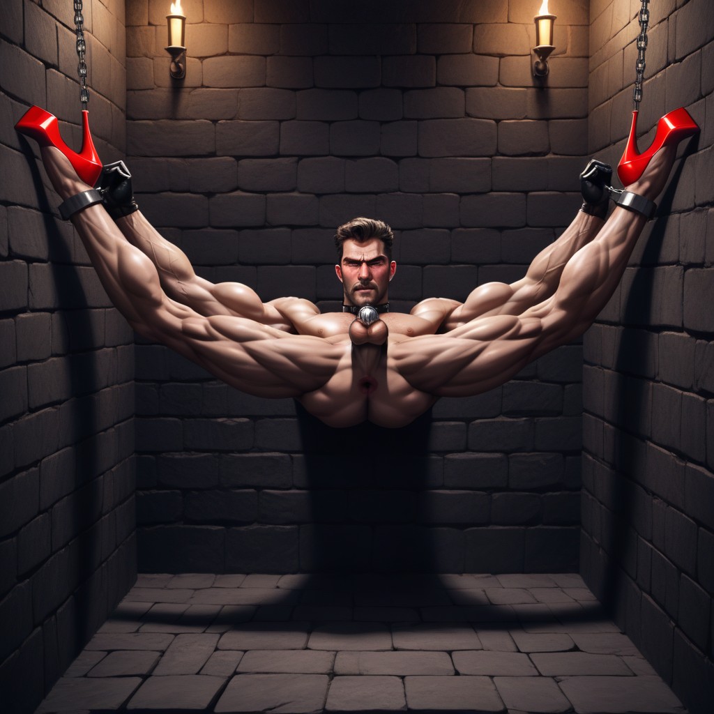 Disgusted, Embarrassed , Legs Are Restrain Chained Hanging Above Head On Wall AI Gay Porn