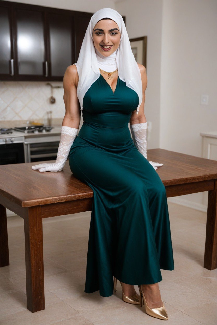 White Skin Sitting On Table In The Kitchen, Flare Dress Pants, Laughing Furry AI Porn